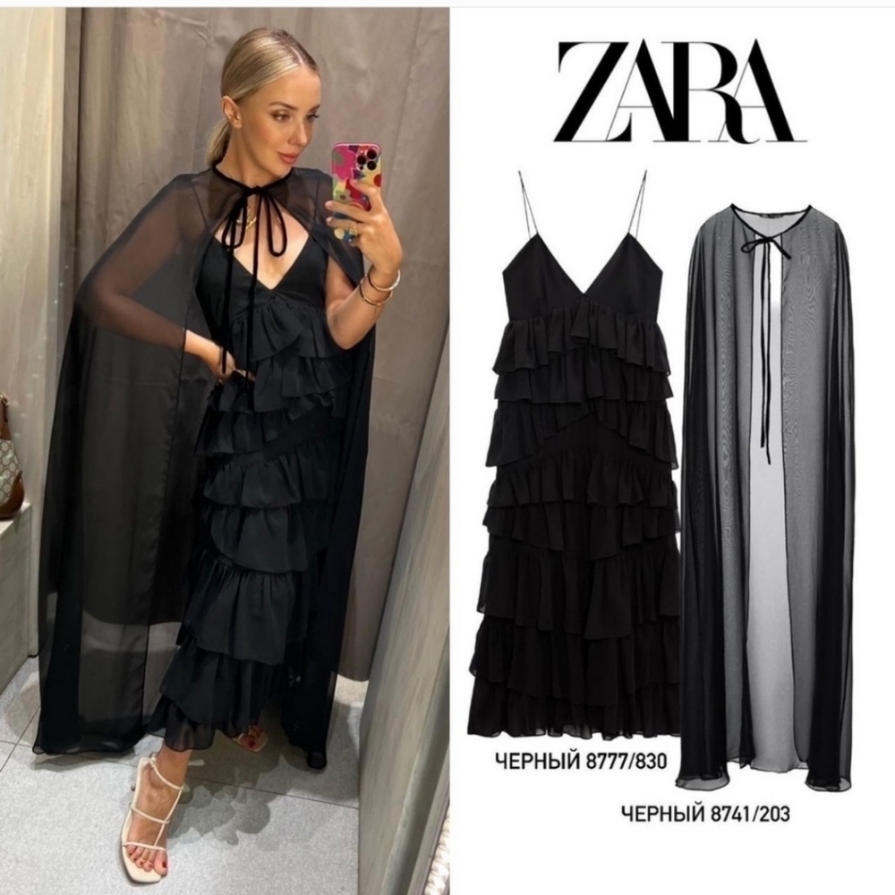 New Zara Chiffon Long Semi-Sheer Velvet Bow Tie Detail Black Cape
